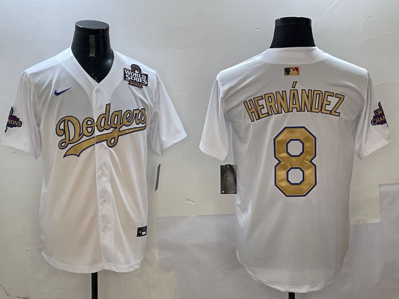 Men Los Angeles Dodgers #8 Hernandez White Champion gold character 2025 Nike MLB Jersey style 8->los angeles dodgers->MLB Jersey